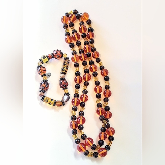 36" AMBER GLASS BEAD NECKLACE with COOKIE LEE ART GLASS BRACELET - Picture 7 of 7